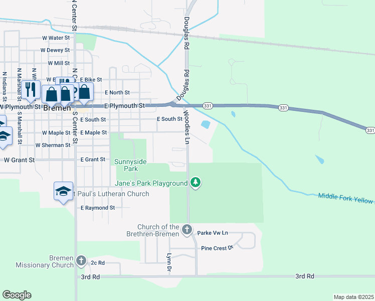 map of restaurants, bars, coffee shops, grocery stores, and more near 349 Woodies Lane in Bremen