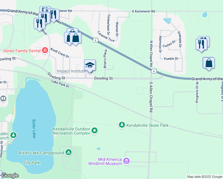 map of restaurants, bars, coffee shops, grocery stores, and more near 1802 Dowling Street in Kendallville