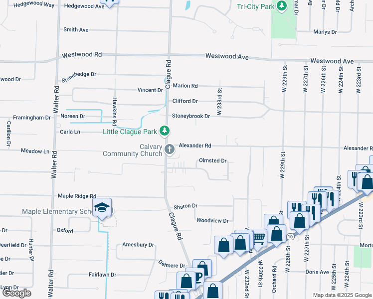 map of restaurants, bars, coffee shops, grocery stores, and more near 23559 Alexander Road in North Olmsted