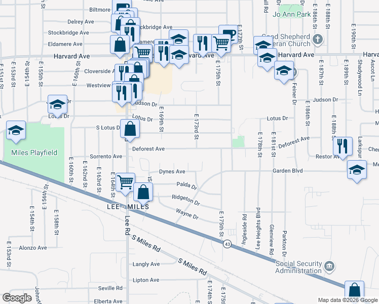map of restaurants, bars, coffee shops, grocery stores, and more near 17206 Deforest Avenue in Cleveland