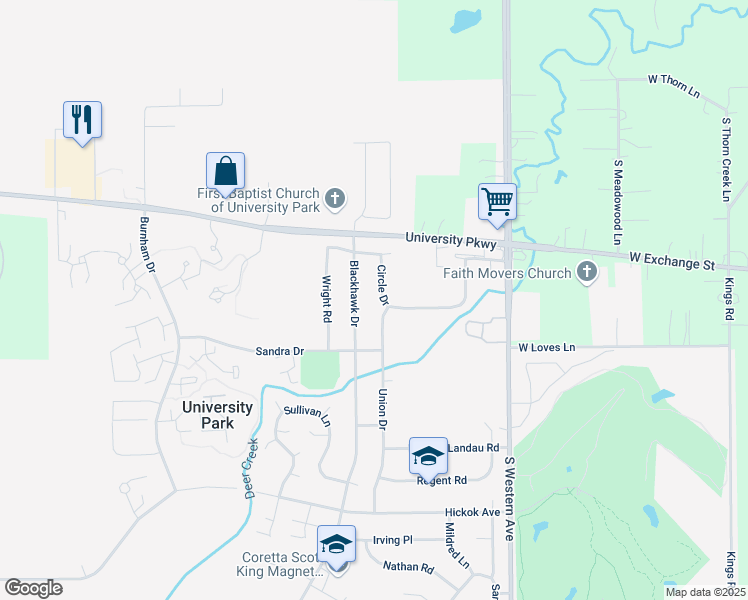 map of restaurants, bars, coffee shops, grocery stores, and more near 718 Circle Drive in University Park