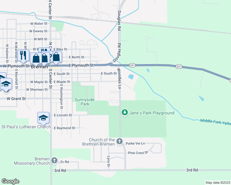 map of restaurants, bars, coffee shops, grocery stores, and more near 349 Woodies Lane in Bremen