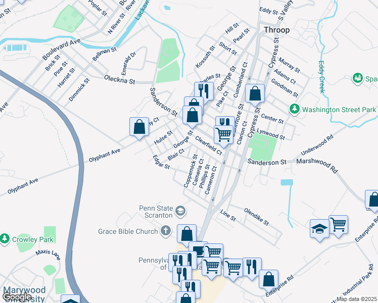 map of restaurants, bars, coffee shops, grocery stores, and more near Bucks Court in Throop