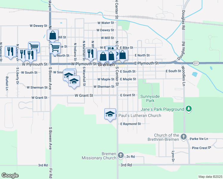 map of restaurants, bars, coffee shops, grocery stores, and more near 419 South Jackson Street in Bremen