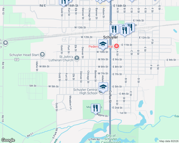 map of restaurants, bars, coffee shops, grocery stores, and more near 350 West 7th Street in Schuyler