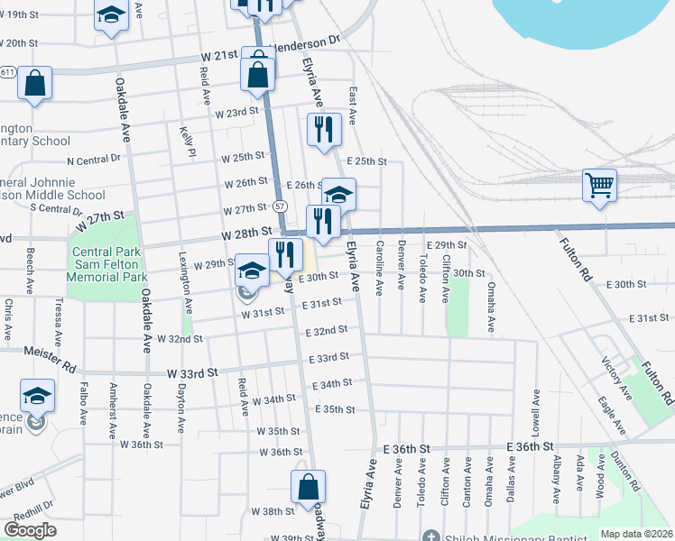 map of restaurants, bars, coffee shops, grocery stores, and more near 219 East 30th Street in Lorain