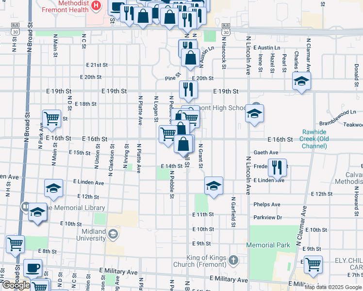 map of restaurants, bars, coffee shops, grocery stores, and more near 1531 North Bell Street in Fremont