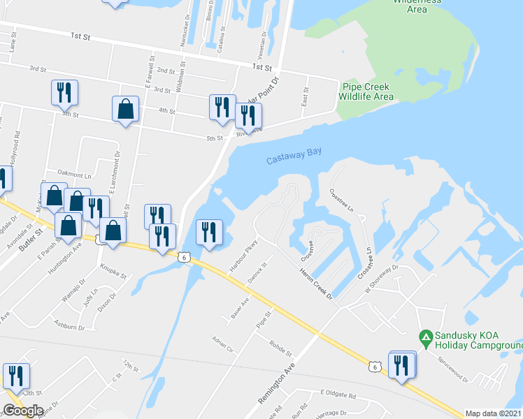 map of restaurants, bars, coffee shops, grocery stores, and more near 194 Marina Point Drive in Sandusky