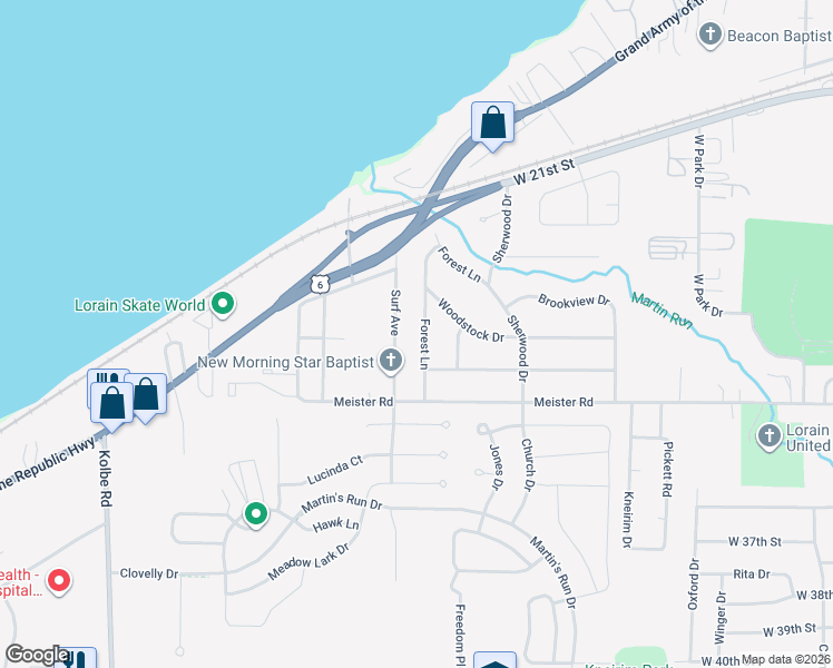 map of restaurants, bars, coffee shops, grocery stores, and more near 2818 Forest Lane in Lorain