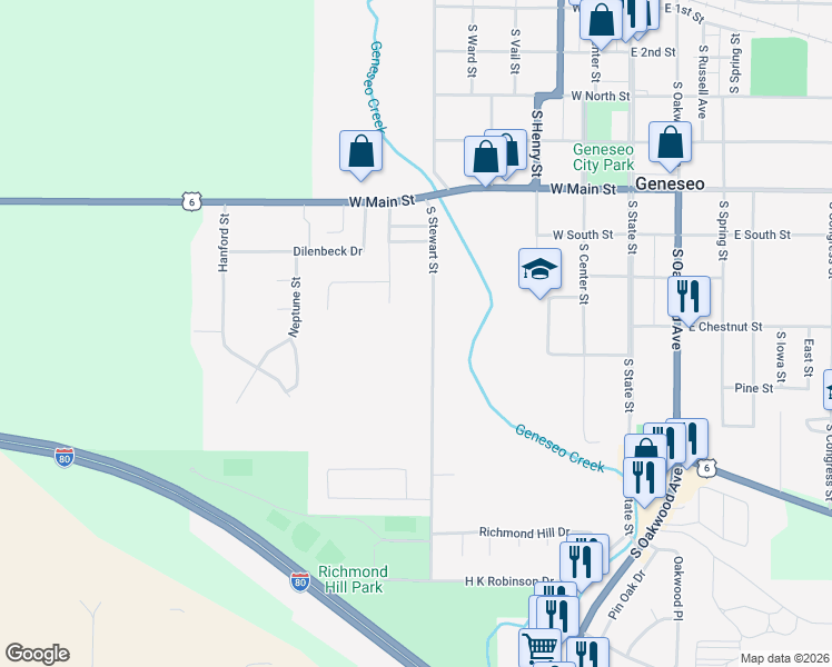 map of restaurants, bars, coffee shops, grocery stores, and more near 811 South Stewart Street in Geneseo