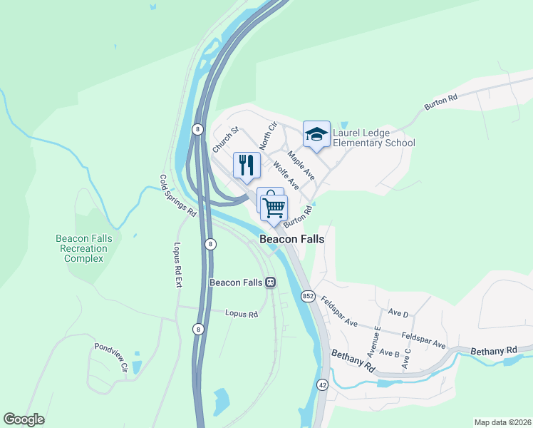 map of restaurants, bars, coffee shops, grocery stores, and more near 15 State Highway 852 in Beacon Falls