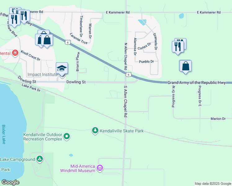 map of restaurants, bars, coffee shops, grocery stores, and more near 1985 Deerfield Lane in Kendallville