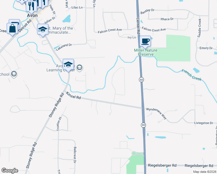 map of restaurants, bars, coffee shops, grocery stores, and more near 3026 Creekview Lane in Avon