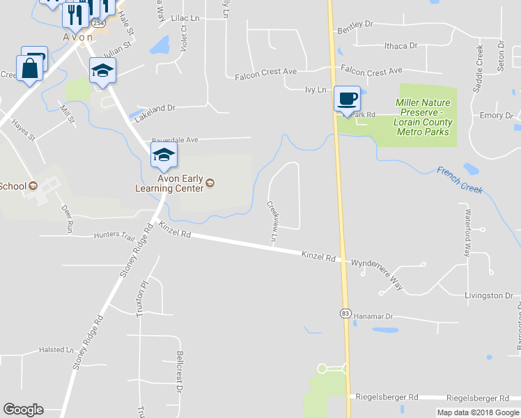map of restaurants, bars, coffee shops, grocery stores, and more near 3026 Creekview Lane in Avon