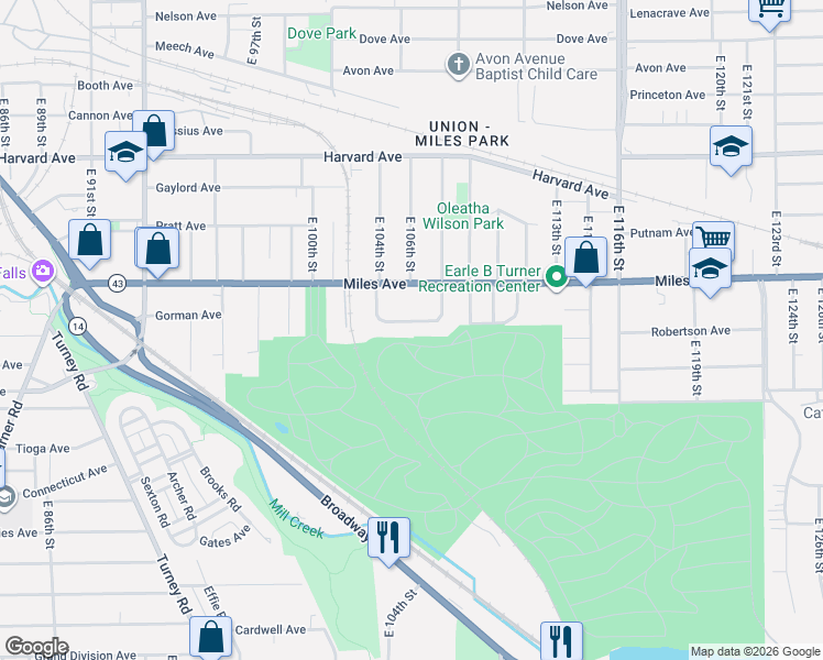 map of restaurants, bars, coffee shops, grocery stores, and more near 10608 Elmarge Road in Cleveland