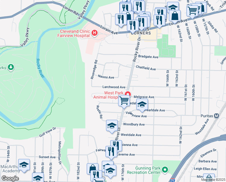 map of restaurants, bars, coffee shops, grocery stores, and more near 17725 Larchwood Avenue in Cleveland