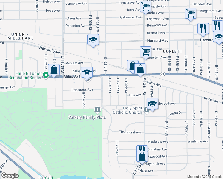 map of restaurants, bars, coffee shops, grocery stores, and more near 4255 East 124th Street in Cleveland