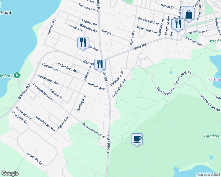 map of restaurants, bars, coffee shops, grocery stores, and more near 1 Pinewood Lane in Oak Bluffs