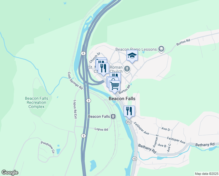 map of restaurants, bars, coffee shops, grocery stores, and more near 35 North Main Street in Beacon Falls