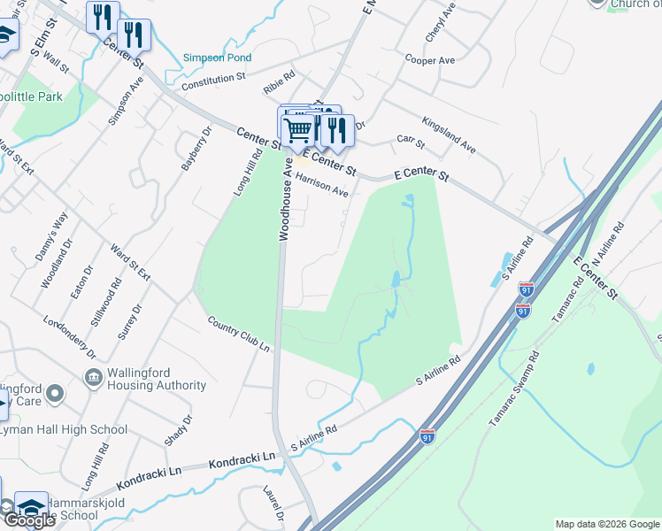 map of restaurants, bars, coffee shops, grocery stores, and more near 47 Putter Drive in Wallingford