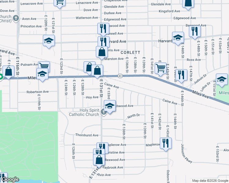 map of restaurants, bars, coffee shops, grocery stores, and more near 4266 East 134th Street in Cleveland