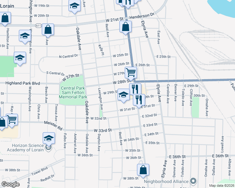 map of restaurants, bars, coffee shops, grocery stores, and more near 218 West 30th Street in Lorain