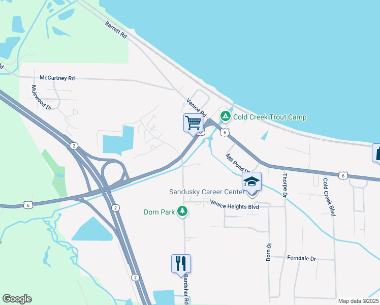 map of restaurants, bars, coffee shops, grocery stores, and more near 320 Fremont Avenue in Sandusky
