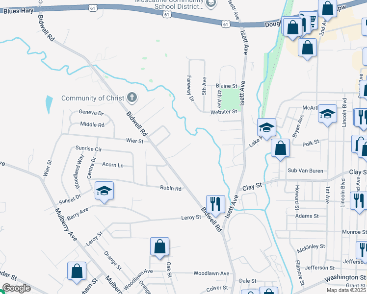 map of restaurants, bars, coffee shops, grocery stores, and more near 2111 Bidwell Road in Muscatine