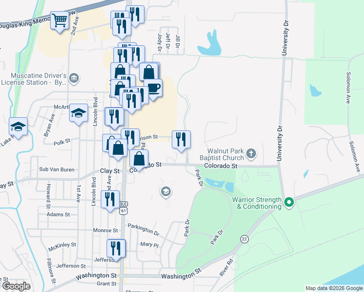map of restaurants, bars, coffee shops, grocery stores, and more near 1716 Bandag Drive in Muscatine