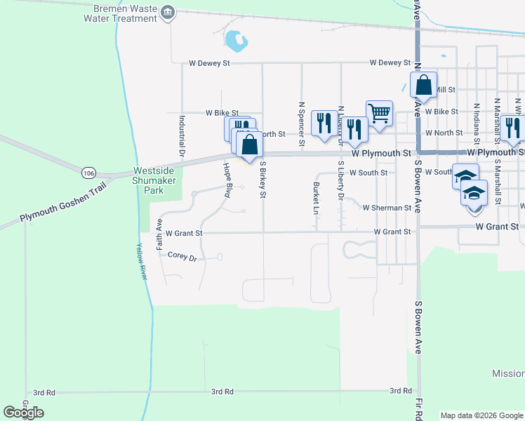 map of restaurants, bars, coffee shops, grocery stores, and more near 331 South Birkey Street in Bremen