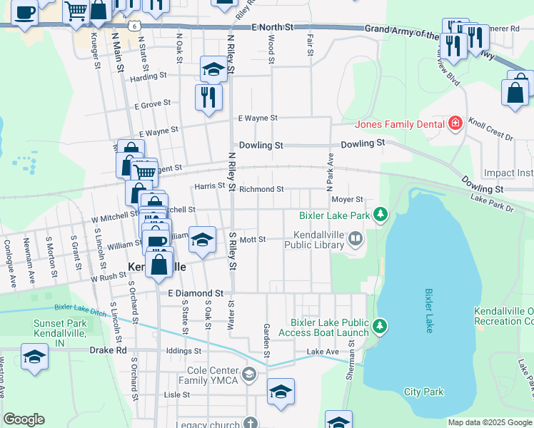 map of restaurants, bars, coffee shops, grocery stores, and more near 612 East Mitchell Street in Kendallville