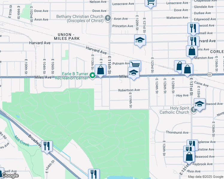map of restaurants, bars, coffee shops, grocery stores, and more near 4258 East 116th Street in Cleveland