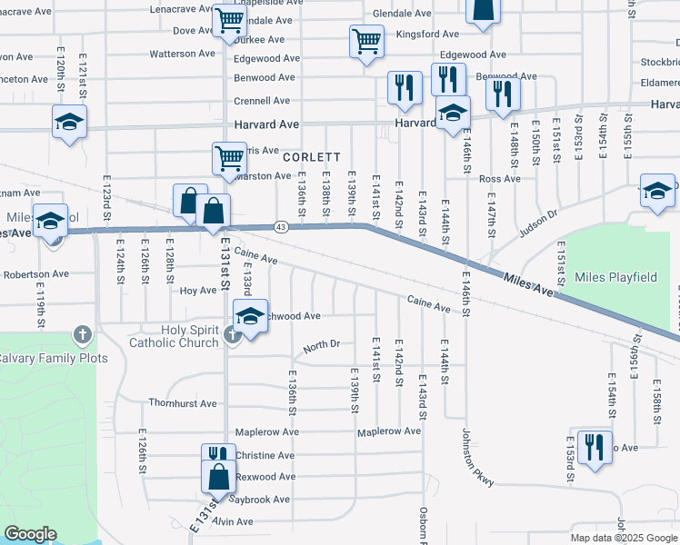 map of restaurants, bars, coffee shops, grocery stores, and more near 13801 Caine Avenue in Cleveland