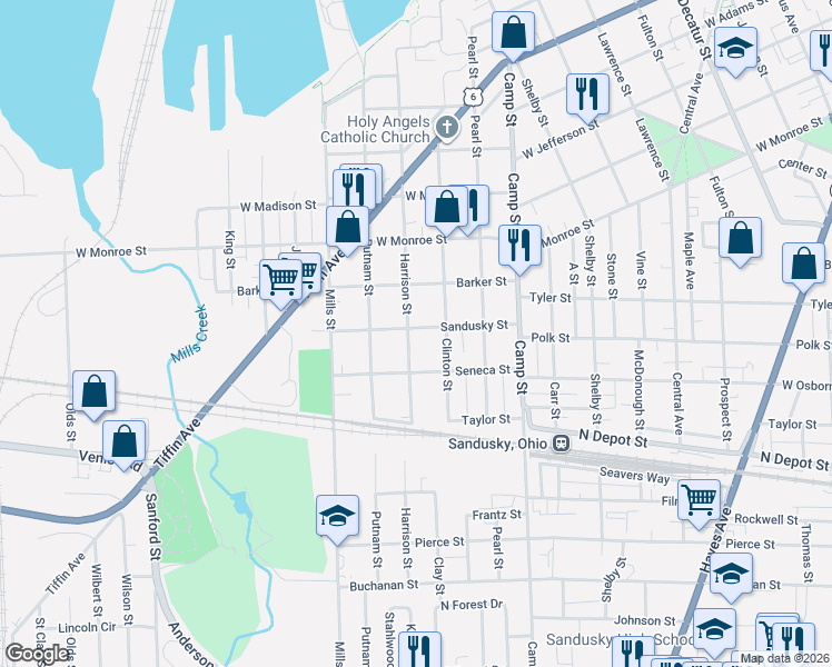 map of restaurants, bars, coffee shops, grocery stores, and more near 1413 Clinton Street in Sandusky