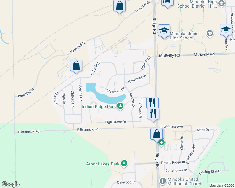 map of restaurants, bars, coffee shops, grocery stores, and more near 608 Mahoney Drive in Minooka