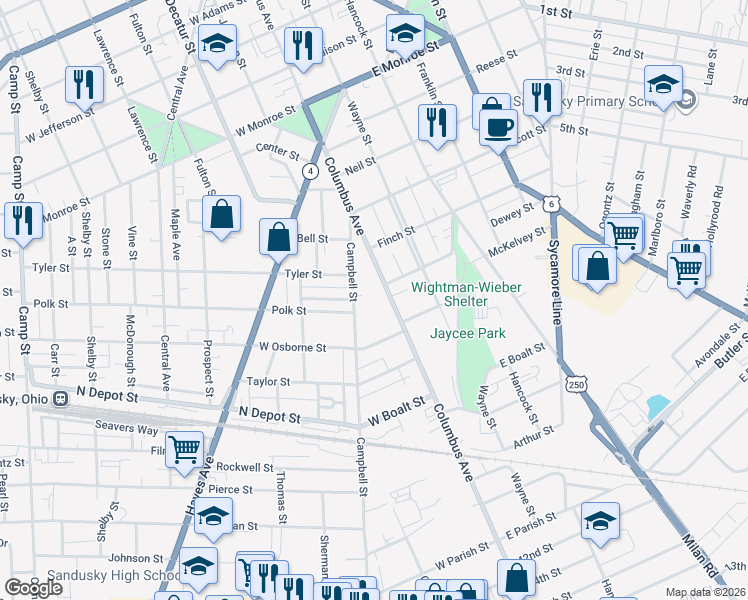 map of restaurants, bars, coffee shops, grocery stores, and more near 1415 Columbus Avenue in Sandusky