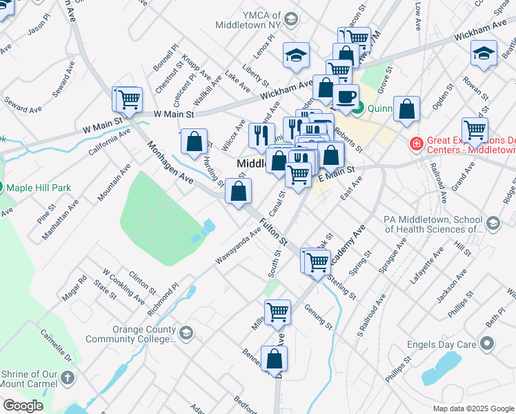 map of restaurants, bars, coffee shops, grocery stores, and more near 22 Mulberry Street in Middletown
