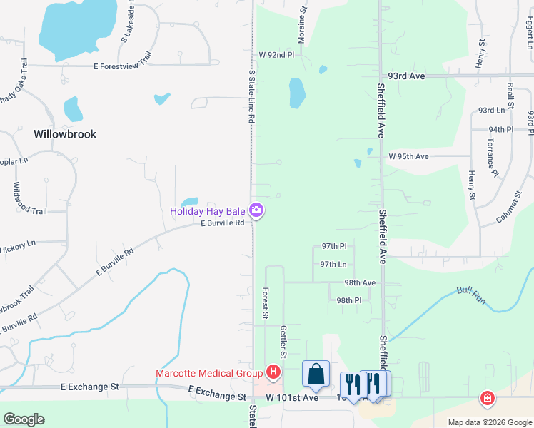 map of restaurants, bars, coffee shops, grocery stores, and more near 9461 Stateline Road in Dyer