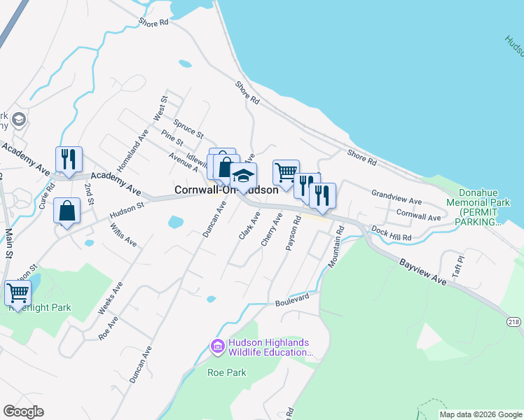 map of restaurants, bars, coffee shops, grocery stores, and more near 12 Cherry Avenue in Cornwall-on-Hudson
