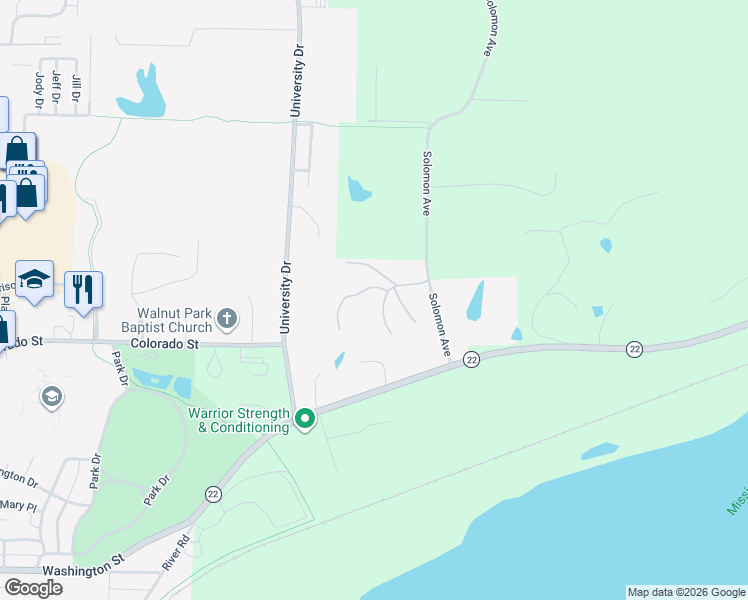 map of restaurants, bars, coffee shops, grocery stores, and more near 113 Eagle Watch Road in Muscatine