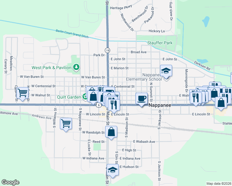 map of restaurants, bars, coffee shops, grocery stores, and more near 207 East Walnut Street in Nappanee