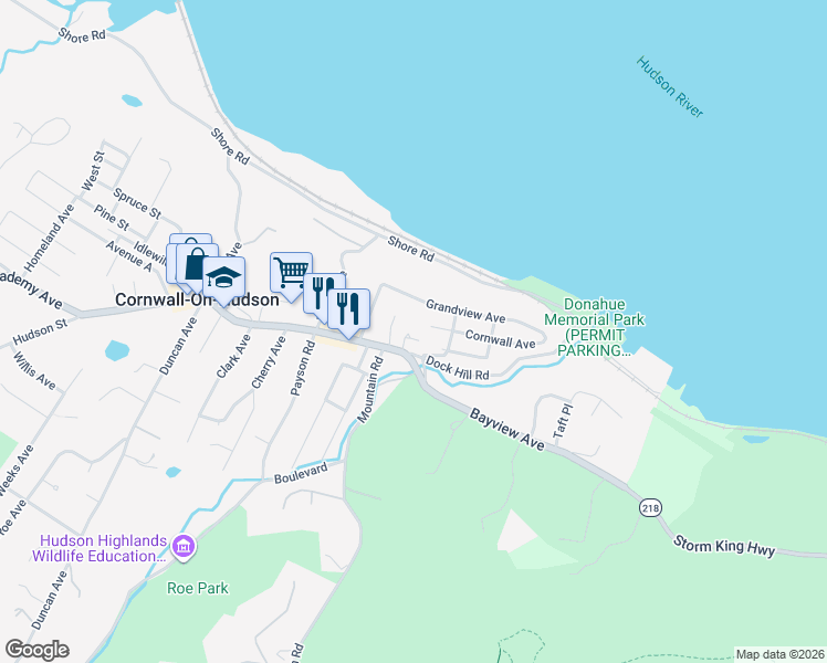 map of restaurants, bars, coffee shops, grocery stores, and more near 154 Hudson Street in Cornwall-on-Hudson