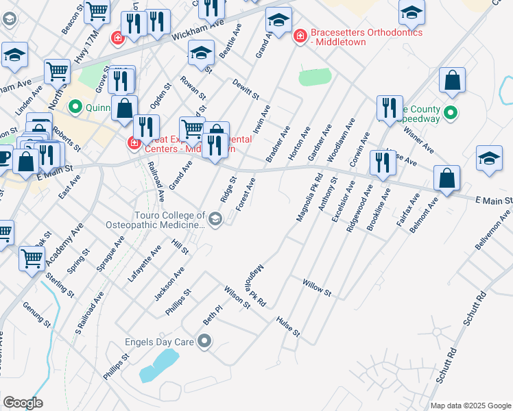 map of restaurants, bars, coffee shops, grocery stores, and more near 222 Phillips Street in Middletown