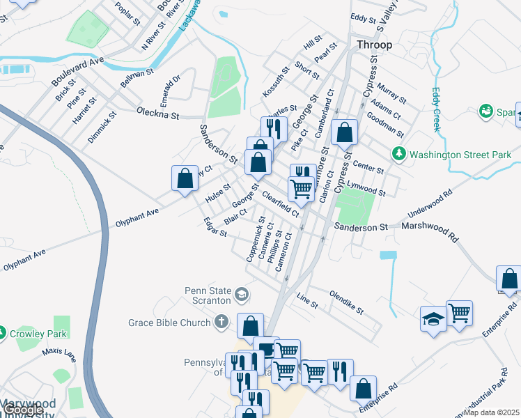 map of restaurants, bars, coffee shops, grocery stores, and more near Bucks Court in Throop