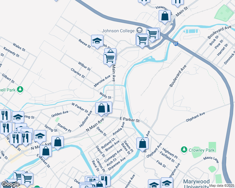 map of restaurants, bars, coffee shops, grocery stores, and more near 12 Alpha Street in Scranton