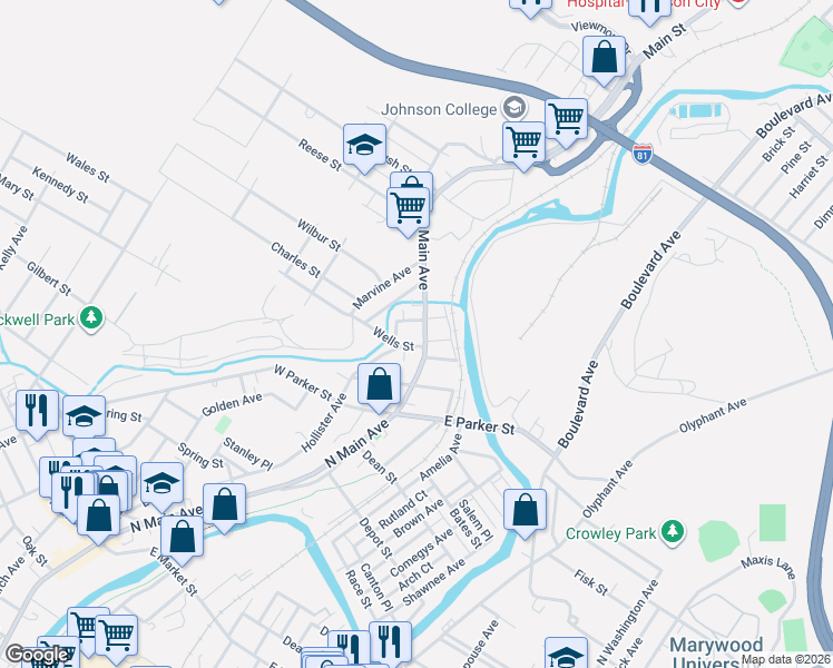 map of restaurants, bars, coffee shops, grocery stores, and more near 101-105 Wells Street in Scranton
