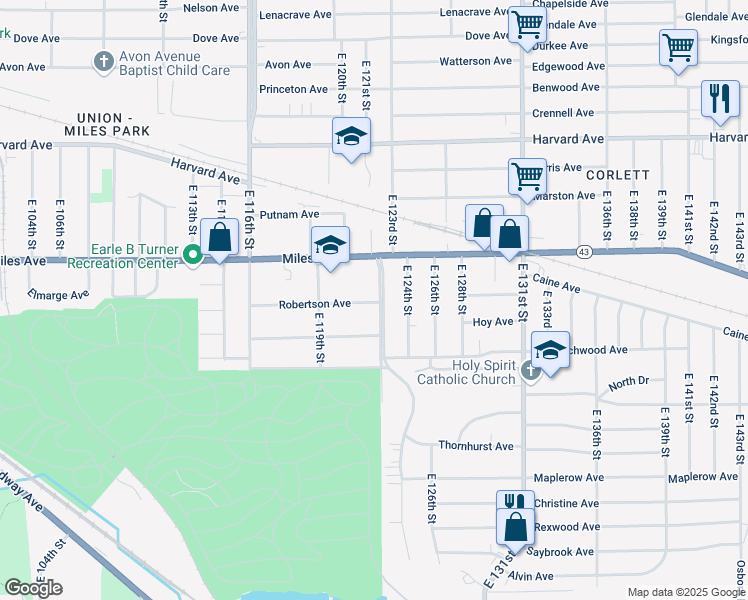map of restaurants, bars, coffee shops, grocery stores, and more near 4271 Martin Luther King Junior Boulevard in Cleveland