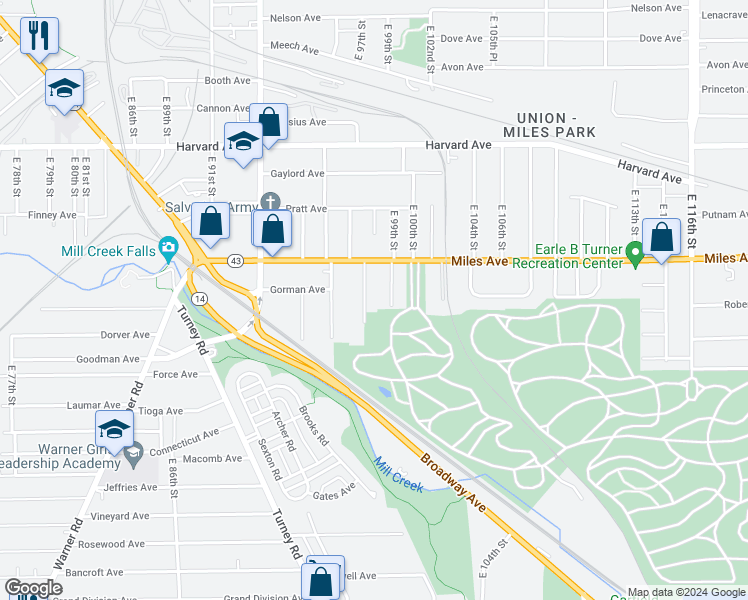 map of restaurants, bars, coffee shops, grocery stores, and more near 4253 East 98th Street in Cleveland