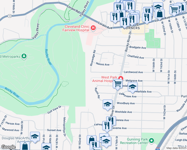 map of restaurants, bars, coffee shops, grocery stores, and more near 18027 Larchwood Avenue in Cleveland