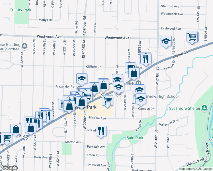 map of restaurants, bars, coffee shops, grocery stores, and more near 4364 West 217th Street in Fairview Park